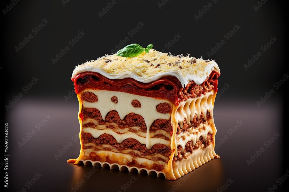 Poster a piece of cake with a green leaf on top of it on a table with a black background and a black backgr