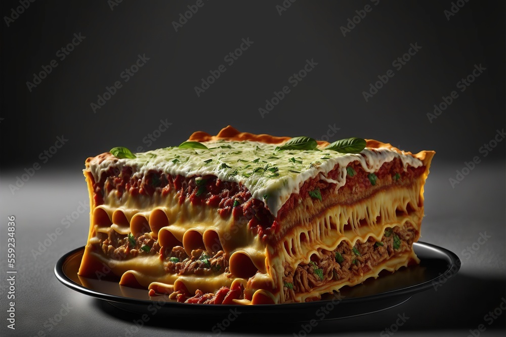 Aufkleber a slice of lasagna on a plate with a fork and a knife on the side of the plate, with a fork in the f