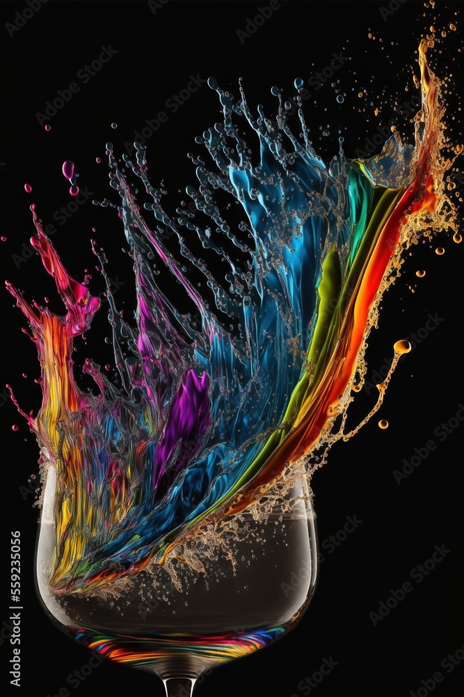 Poster a colorful liquid splashing into a wine glass with a black background and a black background with a 