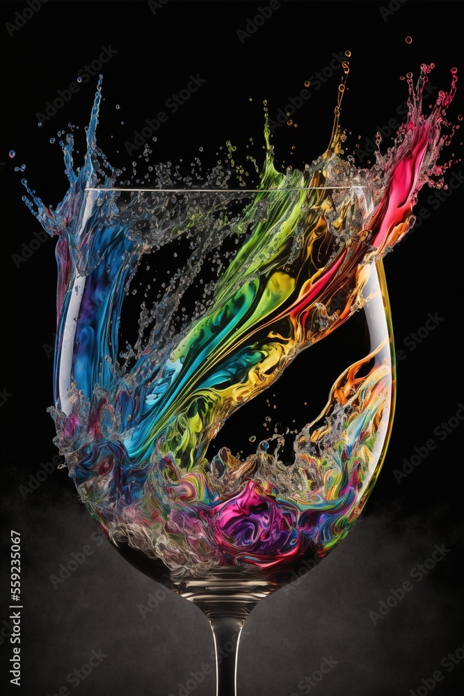 Poster a glass of wine with a splash of water on it's side and a black background with a black background g