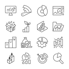 Analytics, columns and diagram icons set. Analysis and statistics, visual presentation of data, linear icon collection. Line with editable stroke