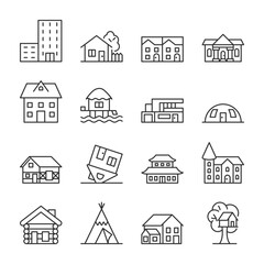 Houses of various shapes icons set. Building with for living, linear icon collection. Multi-story and single-story private homes. Line with editable stroke