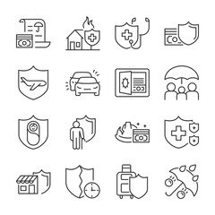 Insurance icons set. Life and property insurance. Insurance case, financial protection, property and health insurance, linear icon collection. Line with editable stroke