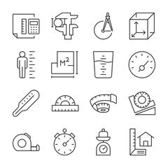 Measurement icons set. Measure, size of objects, Length, width, depth. Instruments for accurate measurement and drawing work, linear icon collection. Line with editable stroke - obrazy, fototapety, plakaty
