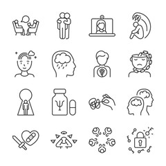 Mental Health icons set. Psychological help, psychologist. Mental health improvement, treatment for anxiety and neurosis, mental equilibrium, linear icon collection. Line with editable stroke