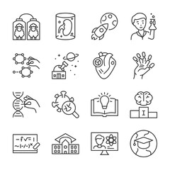 Scientific discoveries of the 21st century icons set. Science and the study of the world around us, linear icon collection. Education, new technologies. Line with editable stroke