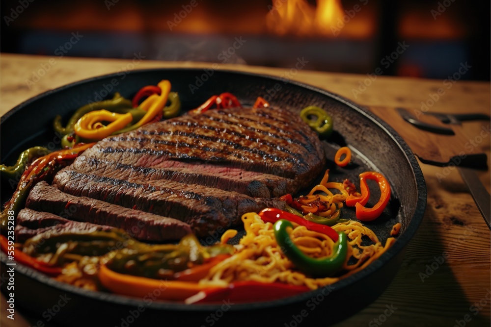 Poster a steak in a skillet with peppers and noodles on the side of it with a fire in the background and a 