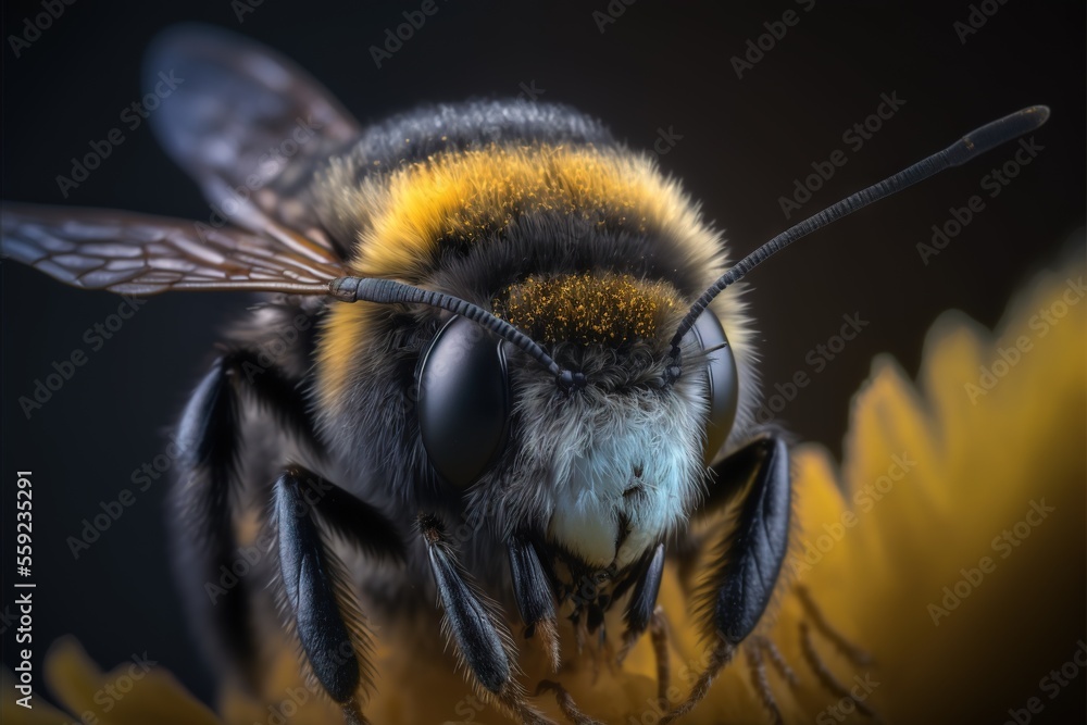 Poster a bee is sitting on a flower with its eyes closed and a black background is in the background and a 