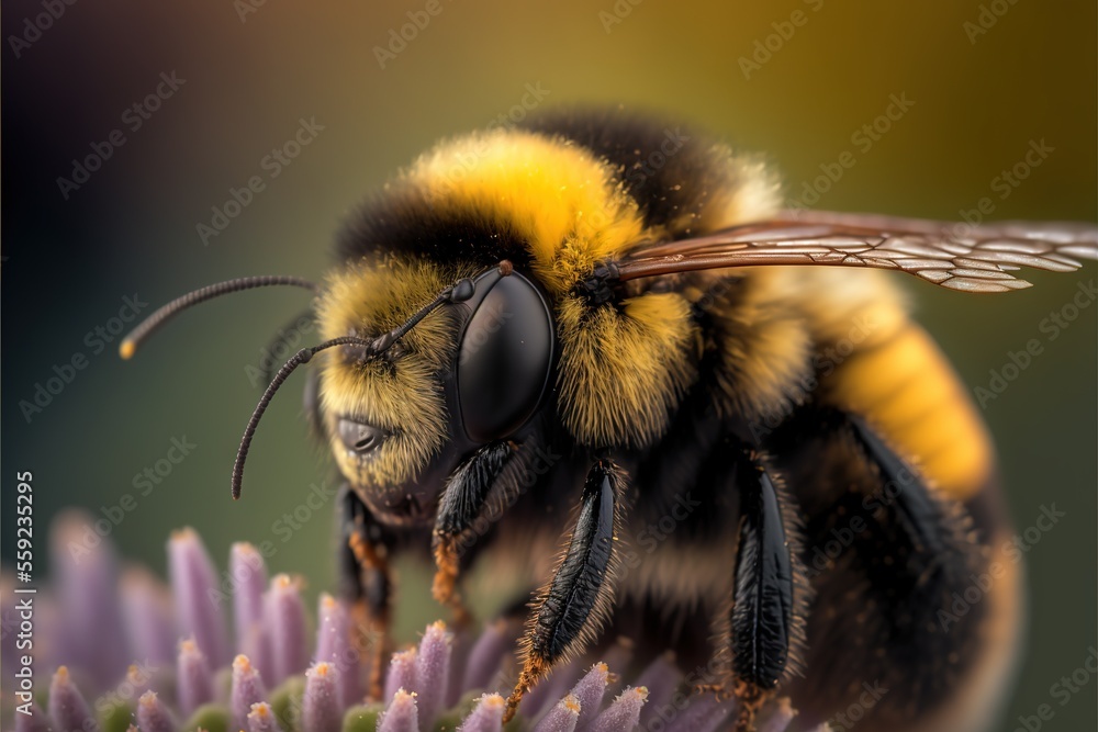 Poster a close up of a bee on a flower with a blurry background of the image in the background is a blurry 