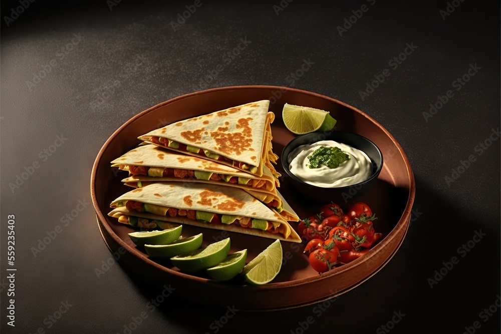 Poster a plate of quesadillas with avocado and strawberries and a small bowl of sour cream and a lime wedge