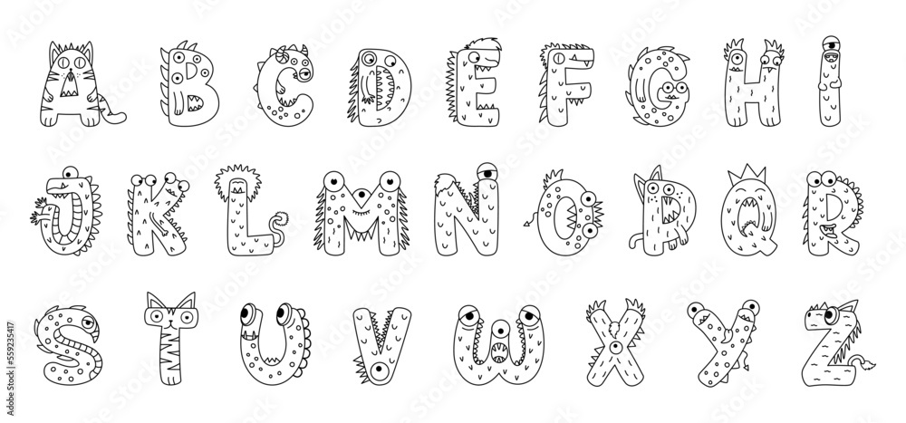 Sticker english alphabet with cute and funny coloring book cartoon style monsters. cartoon doodle style engl