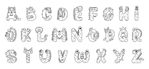 English alphabet with cute and funny coloring book cartoon style monsters. Cartoon doodle style english alphabet. © angelmaxmixam