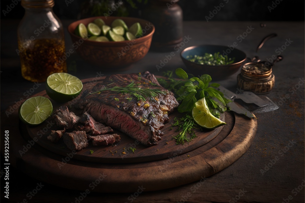 Poster a steak is on a cutting board with limes and a knife next to it and a bowl of limes and a bowl of he