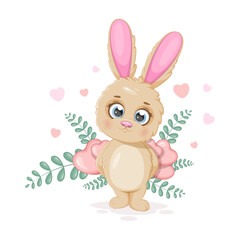 Happy and romantic cute bunny with hearts