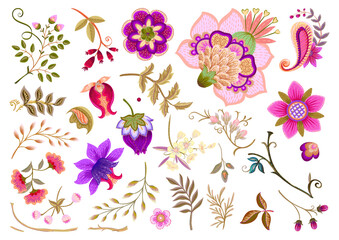 Fantasy flowers in retro, vintage, jacobean embroidery style. Element for design. Vector illustration.