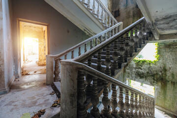 Old vintage staircase at the abandoned house or mansion