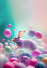 Easter eggs and rabbit on colorful background. Copy space. Easter backdrop. Empty space for advertising text, invitation, logo. Postcard, greeting card design. Pascha, Happy Easter Day. Generative AI.
