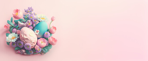 Beautiful banner with Easter eggs, flowers and copy space. Easter backdrop. Empty space for advertising text, invitation, logo. Postcard, greeting card design. Pascha, Happy Easter Day. Generative AI.