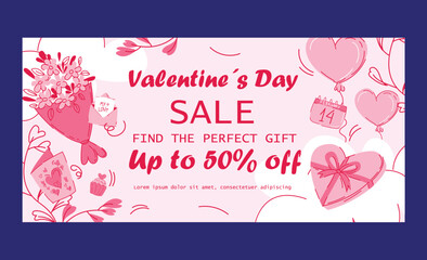 Valentine s Day Sale off Poster or banner with sweet hearts and sweet gifts