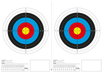 Target archery. Two sports shooting shields, designed in A4 format. Each shield has a scoreboard, a place to enter the distance, date, the name of the player, stamp and signature of the organizer. 