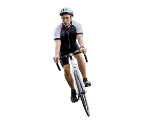 Gordijnen A male cyclist rides a bicycle in a helmet, transparent background. © muse studio
