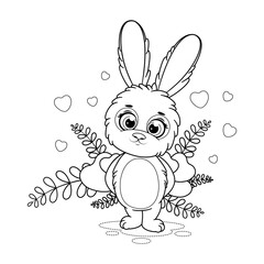 Coloring page. Happy and romantic cute bunny with hearts