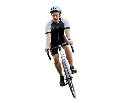 A male cyclist rides a bicycle in a helmet, transparent background.