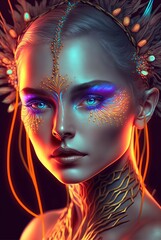 Neon Goddess. Generative AI, non-existent person. 	