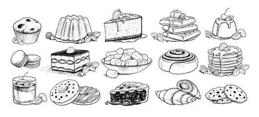 Vector sketchy illustrations collection of desserts and sweet food.