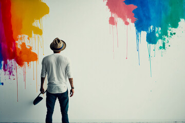 Lustiger Maler streicht eine weiße Wand bunt mit color splash - obrazy, fototapety, plakaty
