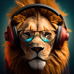 close up of a lion with headphone and sunglasses