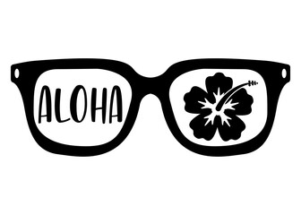 Logo destino de vacaciones. Silueta aislada de gafas de sol con palabra hawaiana Aloha en texto manuscrito y flor de hibisco - obrazy, fototapety, plakaty