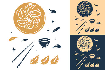 Linocut Folk Art Asian Food Collection. Jiaozi illustration