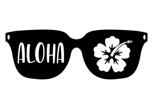 Logo destino de vacaciones. Silueta aislada de gafas de sol con palabra hawaiana Aloha en texto manuscrito y flor de hibisco en espacio negativo