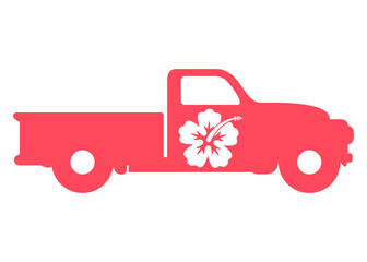 Símbolo de Hawaii. Icono flor de hibisco en camión retro. Silueta aislada de furgoneta vintage con flor de hibisco en espacio negativo - obrazy, fototapety, plakaty