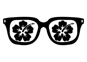 Símbolo de Hawaii. Logo destino de vacaciones. Silueta aislada de gafas de sol con reflejo de flor de hibisco - obrazy, fototapety, plakaty