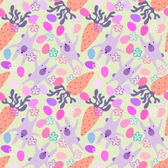 Cartoon animals seamless Easter eggs and rabbit bunnies pattern for wrapping paper and kids clothes print