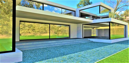 Entrance of the contemporary house. Wide massive concrete steps of the porch. Lot of panoramic glass. 3d rendering.
