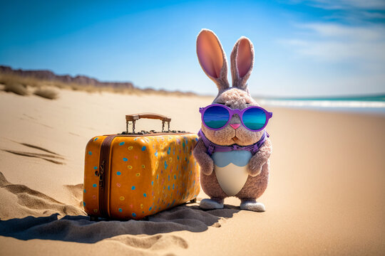 Osterhase mit Sonnenbrille und Koffer mit Ostereier am Strand in den Osterferien