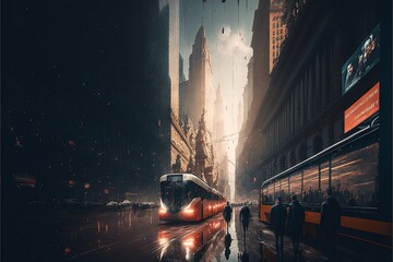 a city street with a train on the tracks and people walking on the sidewalk in the rain at night time, with a city skyline in the background, and a bus is on the.