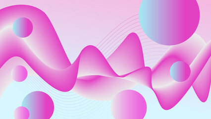 Fluctuating magenta, neon light blue wave and flying spheres. Colored fluid background. Dynamic waveform, 3d round shapes. Liquid design, abstract pattern. Science fiction concept for landing page
