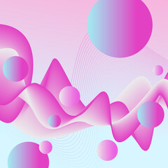 Magenta, neon light blue fluid background. Fluctuating wave and flying spheres. Bright colored abstract pattern. Liquid design. Dynamic waveform, 3d round shapes. Science fiction concept for brochure