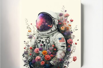 Astronaut illustration with flowers, white background. AI