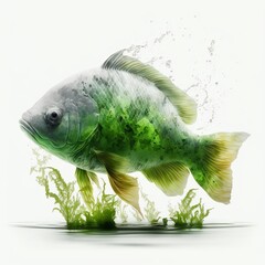 Fish painting in water with seaweed. Digital illustration AI