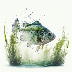 Fish painting in water with seaweed. Digital illustration AI