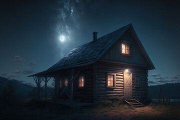 Fototapeta na wymiar starry sky, hut, cabin, night, moon, window light, landscape, art illustration