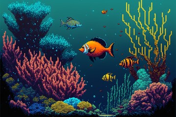 Fototapeta na wymiar Coral fish painting, marine life, white background. Digital illustration AI