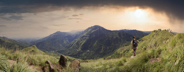 Wonderful view from Little Adams Peak to Ella Rock. Hiking to view point in Sri Lanka. Panoramic...