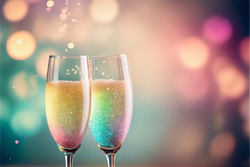 Two champagne glasses are depicted toasting in an abstract rainbow background, making this image suitable for occasions such as Valentine's Day, gay marriage, New Year's Eve, Christmas. generative ai