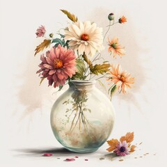 Colorful flower painting in vase on white background. Digital illustration AI
